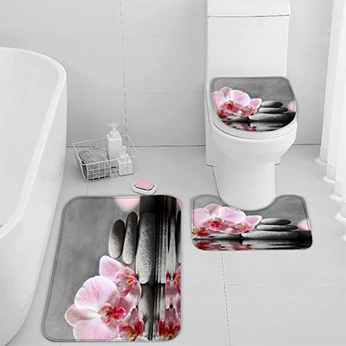 TiaoTian Badematten Set 3D 40x60 Zen absorbierend 3-teiliges Badezimmerteppich-Set maschinenwaschbare weich badteppich schnell trocknend badvorleger mit wc deckelbezug Kiesel Orchideen von TiaoTian
