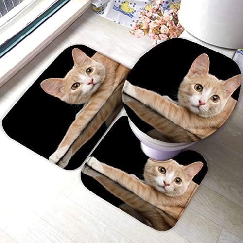 Badematten set 3D 40x60 Orangene Katze Badezimmerteppich-Set absorbierend 3-teiliges maschinenwaschbare weich badteppich schnell trocknend Haustiere Kawaii Tiere Badvorleger mit wc deckelbezug von TiaoTian