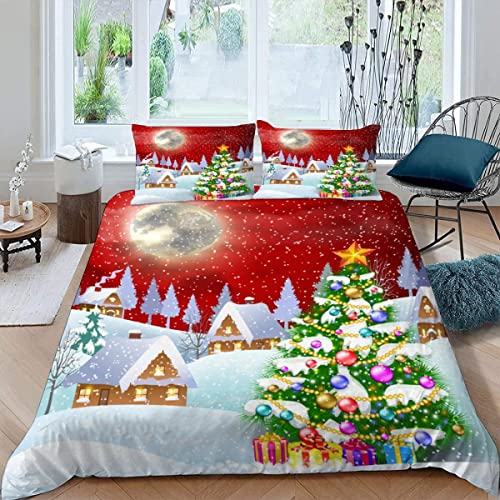 Bettwäsche 135x200 Weihnachten Kinder Bettwäsche Set Leicht Atmungsaktiv Mikrofaser 3 Teilig Schnee Weihnachtsbaum Karikatur Bettbezug mit Reißverschluss 2 Kissenbezüge 80x80 Jungen Mädchen von TiaoTian