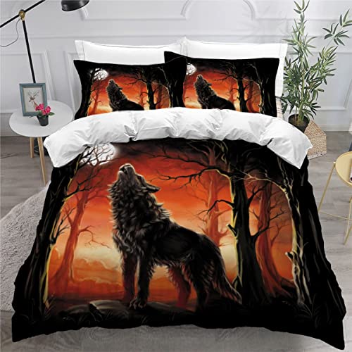 Bettwäsche 135x200 Wolf Kinder Bettwäsche Set Leicht Atmungsaktiv Mikrofaser 3 Teilig Cartoon Tiere Natur Bettbezug mit Reißverschluss 2 Kissenbezüge 80x80 Jungen Mädchen von TiaoTian