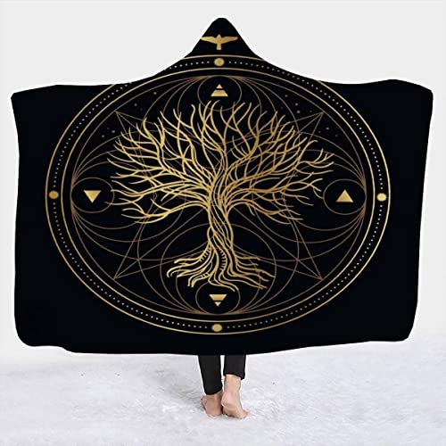 Decke mit Kapuze Wikinger Winter Weich Wohndecke Kuscheldecke Schlafdecke Decke aus Lammfleece 3D Printdesign Couchdecke Decke für Erwachsene Kind 130x150cm Baum des Lebens Böhmen von TiaoTian