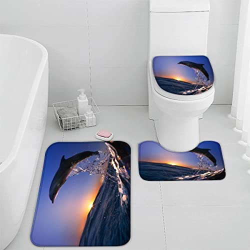 TiaoTian Badematten Set 3 teilig 50x80 Delphin Ozean Badezimmerteppich Set 3D WC Vorleger Set rutschfeste Badematte Maschinenwaschbar Tiere Sonnenuntergang Badteppich Set für Badezimmer badvorleger von TiaoTian