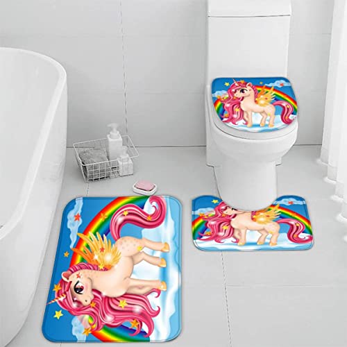 TiaoTian Badematten Set 3 teilig 50x80 Einhorn Karikatur 3D Badezimmerteppich Set WC Vorleger Set rutschfeste Badematte Maschinenwaschbar Badteppich Set für Badezimmer badvorleger Regenbogen Süß von TiaoTian