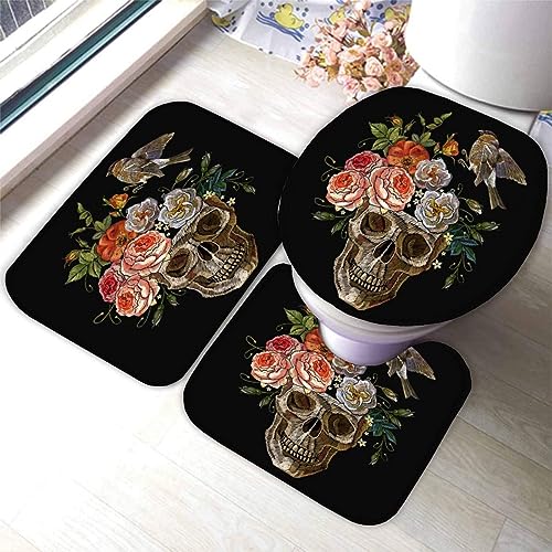 TiaoTian Badematten Set 3 teilig 50x80 Skelett Badezimmerteppich Set 3D WC Vorleger Set rutschfeste Badematte Maschinenwaschbar Totenkopf Horror Gothic Badteppich Set für Badezimmer badvorleger von TiaoTian