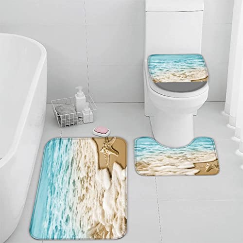 TiaoTian Badematten Set 3 teilig 50x80 Strand 3D Badezimmerteppich Set WC Vorleger Set rutschfeste Badematte Maschinenwaschbar Badteppich Set für Badezimmer badvorleger Seesterne Muscheln Ozean von TiaoTian