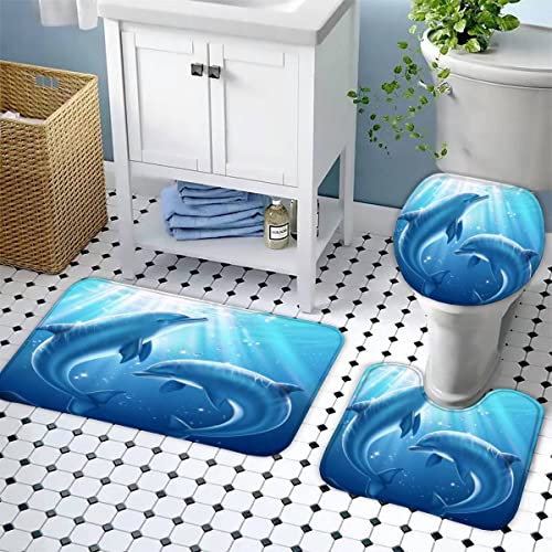 TiaoTian Badematten Set 3 teilig Delphin Karikatur 3D Badezimmerteppich Set WC Vorleger Set rutschfeste Badematte Maschinenwaschbar Badteppich Set für Badezimmer Flanell badvorleger Wasserlebewesen von TiaoTian
