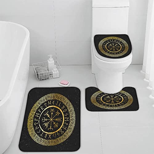 TiaoTian Badematten Set 3 teilig Wikinger Mythos 3D Badezimmerteppich Set WC Vorleger Set rutschfeste Badematte Maschinenwaschbar Badteppich Set für Badezimmer Flanell badvorleger Kompass Rune von TiaoTian