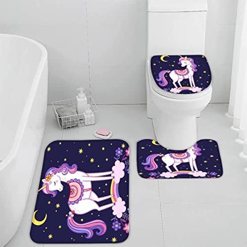 TiaoTian Badematten Set 3D 40x60 Einhorn Karikatur absorbierend 3-teiliges Badezimmerteppich-Set maschinenwaschbare weich badteppich schnell trocknend badvorleger mit wc deckelbezug Regenbogen Süß von TiaoTian