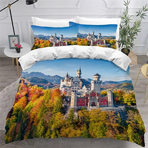 TiaoTian Bettwäsche 135x200 Neuschwanstein Kinder Bettwäsche Set Leicht Atmungsaktiv Mikrofaser 3 Teilig Alpen Landschaft Burg Bettbezug mit Reißverschluss 2 Kissenbezüge 80x80 Jungen Mädchen von TiaoTian