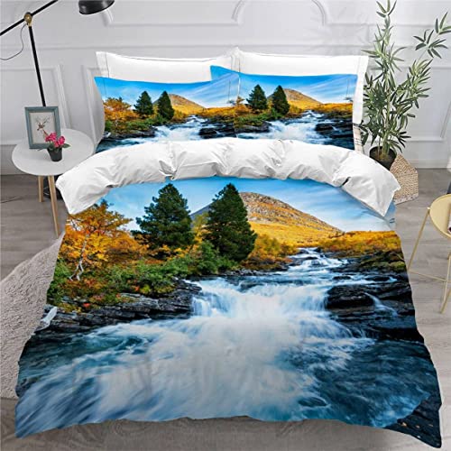 TiaoTian Bettwäsche 155x220 Herbstlandschaft Bettbezug Pflegeleicht Mikrofaser mit verdecktem Reißverschluss und 2 Kissenbezüge 80x80 Wasserfall Wald Bettwäsche Set Jungen Mädchen Teenager von TiaoTian