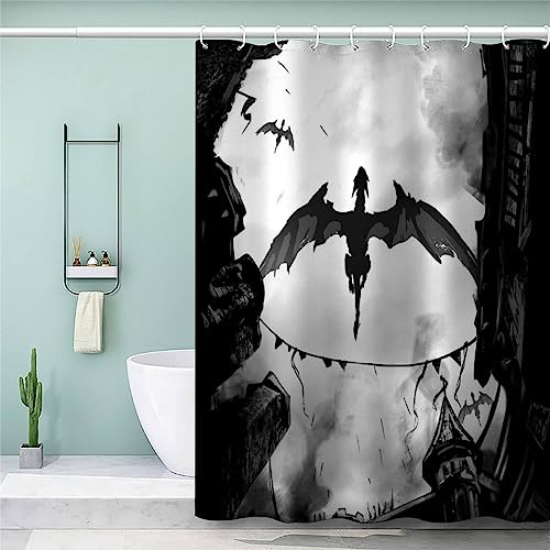 TiaoTian Duschvorhang 180x200 Drachen Anti-Schimmel 3D Textil Polyester Waschbar Anti-Bakteriel Anime Schwarz Und Weiß Wasserdicht mit 12 Ringen von TiaoTian