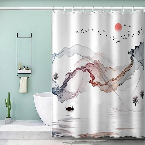 TiaoTian Duschvorhang 240x200 Landschaftsmalerei Duschvorhang Anti-Schimmel 3D Textil Polyester Waschbar Anti-Bakteriel Tuschemalerei Landschaft Duschvorhänge Wasserdicht mit 12 Duschvorhangringe von TiaoTian