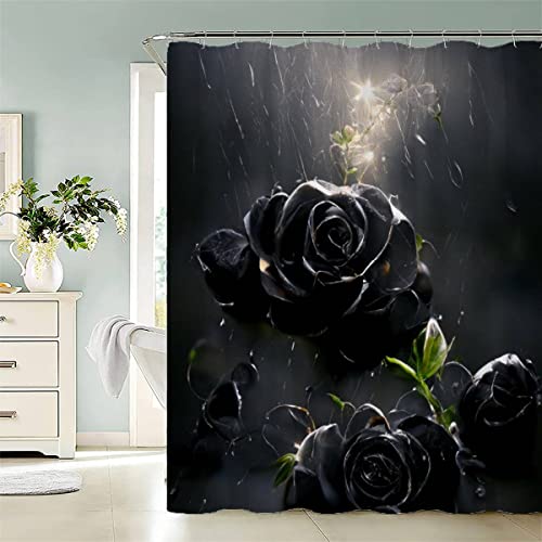 TiaoTian Duschvorhang 240x200 Rosen Duschvorhang Anti-Schimmel 3D Textil Polyester Waschbar Anti-Bakteriel Blumen Landschaft Schwarz Duschvorhänge Wasserdicht mit 12 Duschvorhangringe von TiaoTian