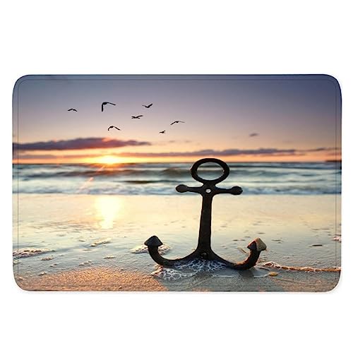 TiaoTian Fußmatte 60x90 Strand Anker Waschbar Fussmatte innen rutschfeste Schmutzfangmatte Türmatte Eingang Teppich 3D Druck Design Ozean Sonnenuntergang Flanell fußmatte für Haustür Innen von TiaoTian