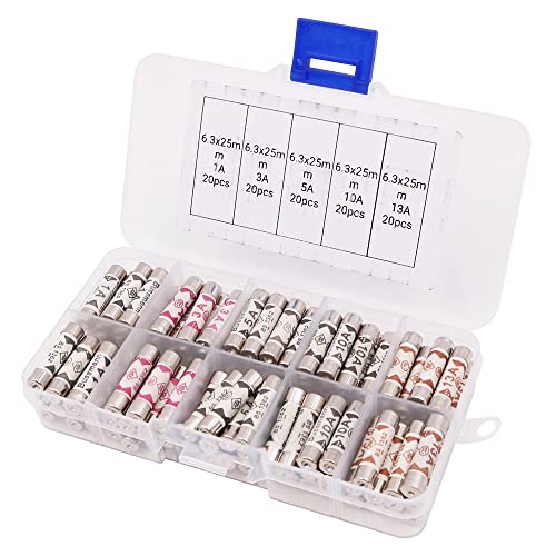 Tiardey 100 Stücke 5 Arten 240 V Volt Haushalt Netzstecker Sicherung 6,3 x 25 mm Keramikrohr Kartuschensicherungen Sortiment Kit von Tiardey