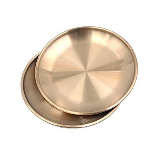 Tiardey 2 STK. Edelstahltablett Golden Plate Cosmetics Schmuck Organizer Handtuchablage Aufbewahrungstablett Geschirrtablett Teetablett Obsttabletts (Goldrundes Tablett) von Tiardey