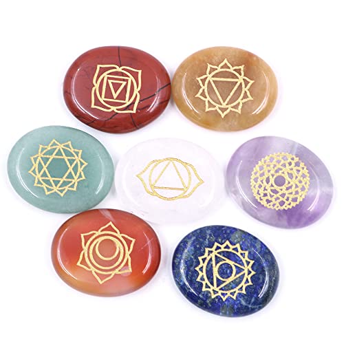 Tiardey Heilsteine - 7 polierte runde gravierte Steine Reiki Heilkristall-Balance-Chakren Ganzheitliche Steine -7 Gold Geschnitzte Charaktere Chakra-Steine von Tiardey