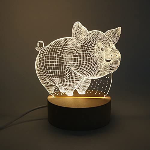 Tiardey Warmgelb LED Tisch Schreibtischlampe Nachtlicht Acryl Wohnung Mit Holzsockel Für Hauptdekoration Brithday Geschenk - 3D Abstraktes Schwein von Tiardey