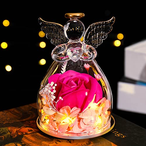 Tiaronics Angel Gifts Forever Flower Rose in Engel Figuren mit LED Licht Geschenke für Frauen, Rose für Valentinstag Muttertag Geburtstag Geschenke für sie - Hot Pink von Tiaronics