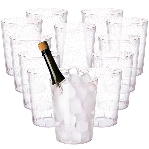Einweg-Eiskübel aus Kunststoff für Partys, rotgoldener Glitzer, klarer Weinkühler für Hochzeit, gut als großer Champagnerkühler oder klassischer Weinflaschenkühler, 12 Stück von Tiawudi