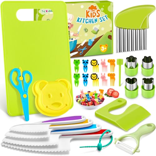 TicKiddos Kindermesser 25 teiliges, Kinder Schneideset mit Kunststoffmesser,Knitterschneider,Schneidebrett, Kinderkochset für Echte Kochen,kindermesser ab 2 3 4 5 6 jahre,Montessori Spielzeug Messer von TicKiddos