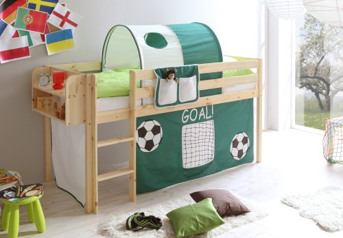 Hochbett Spielbett Malte Kiefer massiv Natur, Vorhangstoff:Goal von TiCAA