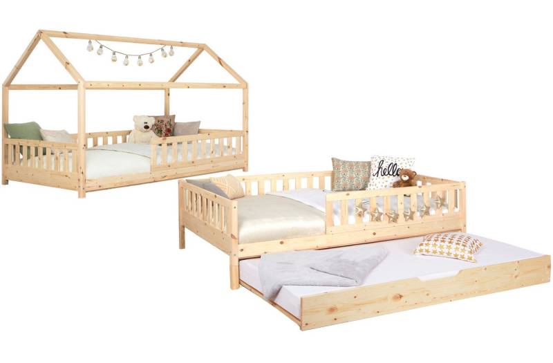 Ticaa Hausbett Duo mit Rausfallschutz und Zusatzbett aus Kiefer, Bodenbett 100x200, inkl. abnehmbarem Dach, mit Rollrost, mit Matratze von Ticaa