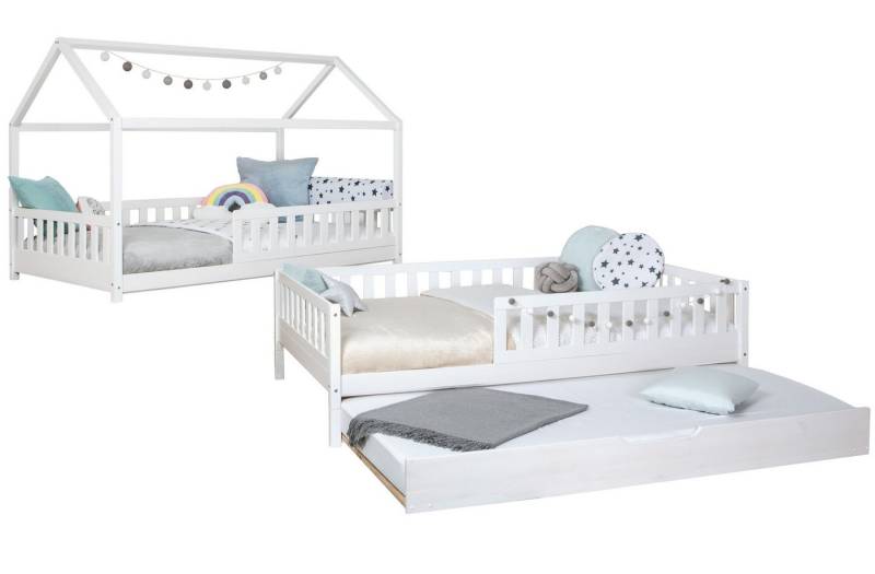 Ticaa Hausbett Duo mit Rausfallschutz und Zusatzbett aus Kiefer, Bodenbett 90x200, inkl. abnehmbarem Dach, mit Rollrost, mit Matratze von Ticaa