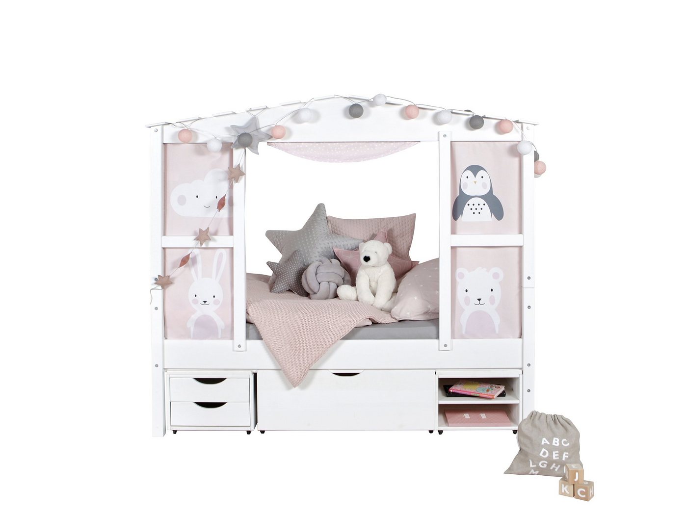 Ticaa Hausbett Hausbett Mini mit Bettkasten Amelie" Kiefer Weiß (Set), Hausbett mit Vorhangstoff, Matratze und Rollrost" von Ticaa