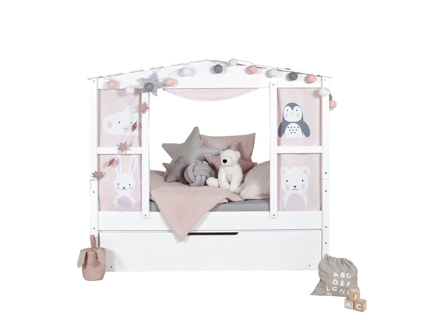 Ticaa Hausbett Hausbett Mini mit Bettkasten Amelie" Kiefer Weiß (Set), Hausbett mit Vorhangstoff, Matratze und Rollrost" von Ticaa