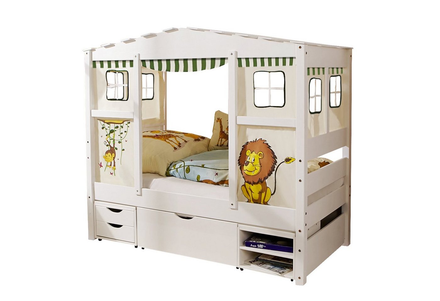 Ticaa Hausbett Hausbett Mini mit Bettkasten Safari" Kiefer Weiß (Set, Bett mit Vorhangstoff), Hausbett optional erweiterbar" von Ticaa
