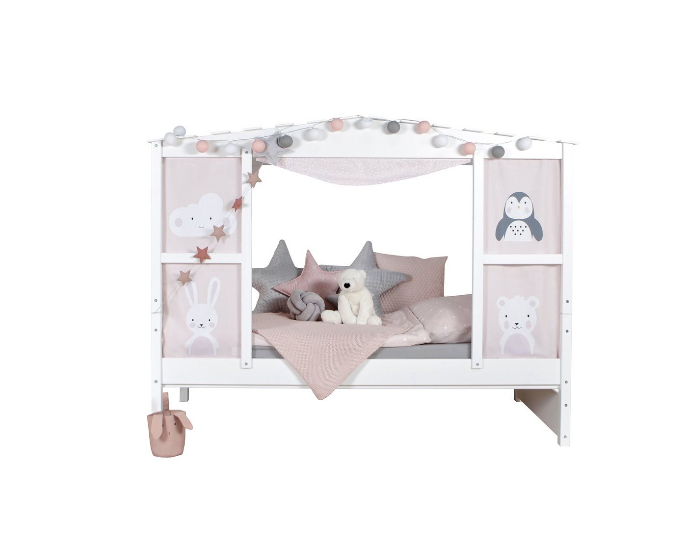 Ticaa Hausbett Hausbett mit Bettkasten Amelie" Kiefer Weiß (Set, Hausbett mit Vorhangstoff), stellbar zu einem Einzelbett" von Ticaa