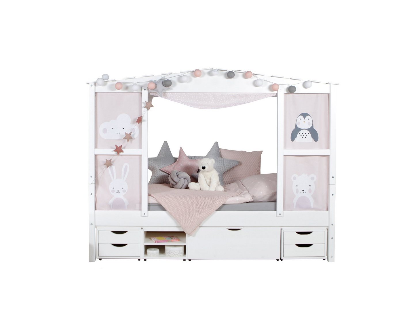 Ticaa Hausbett Hausbett mit Bettkasten Amelie" Kiefer Weiß (Set, Hausbett mit Vorhangstoff), stellbar zu einem Einzelbett" von Ticaa