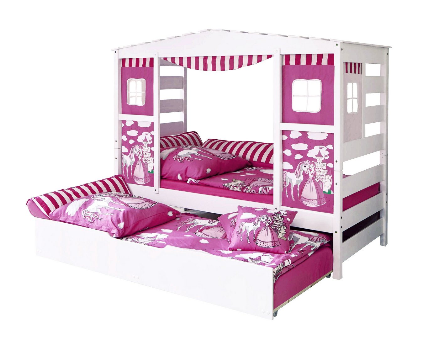 Ticaa Hausbett Hausbett mit Bettkasten Horse Rosa" Kiefer Weiß (Set, Inklusive Prinzessinnen-Vorhang), stellbar zu einem Einzelbett" von Ticaa