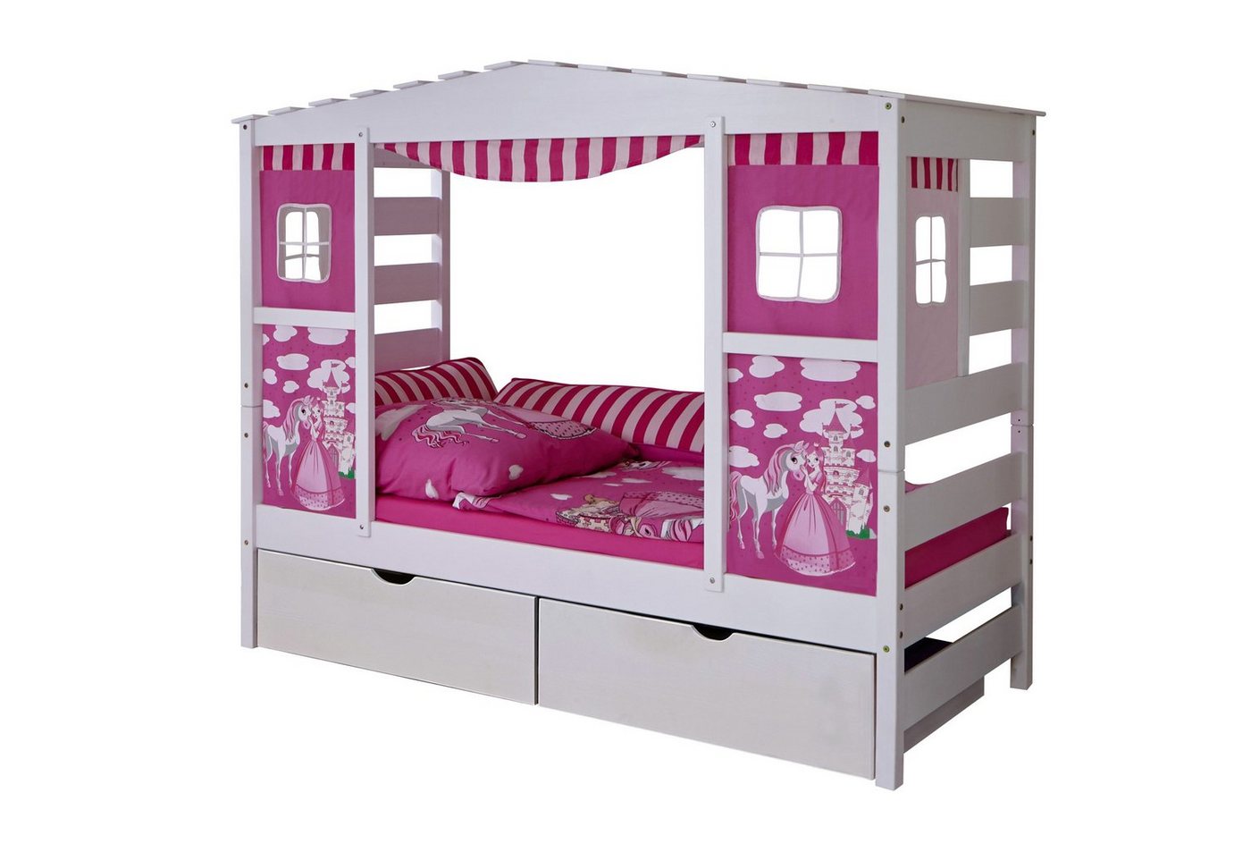 Ticaa Hausbett Hausbett mit Bettkasten Horse Rosa" Kiefer Weiß (Set, Inklusive Prinzessinnen-Vorhang), stellbar zu einem Einzelbett" von Ticaa