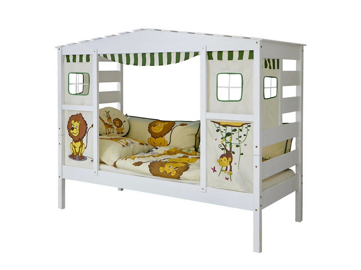 Ticaa Hausbett Hausbett mit Bettkasten Safari" Kiefer Weiß (Set, Bett mit Bettvorhang), stellbar zu einem Einzelbett" von Ticaa