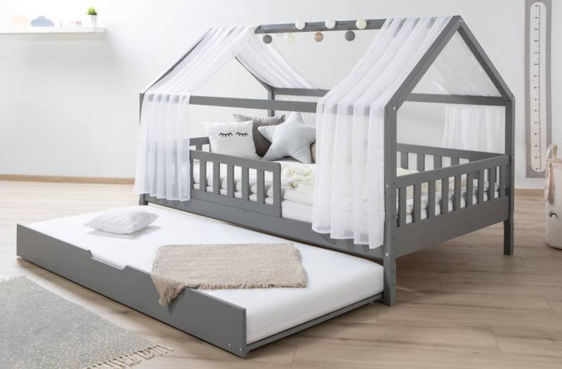 Ticaa Hausbett Kim mit Rausfallschutz und Zusatzbett aus Kiefer, Kinderbett 100x200, inkl. Tüll-Set, mit Rollrost, mit Matratze von Ticaa