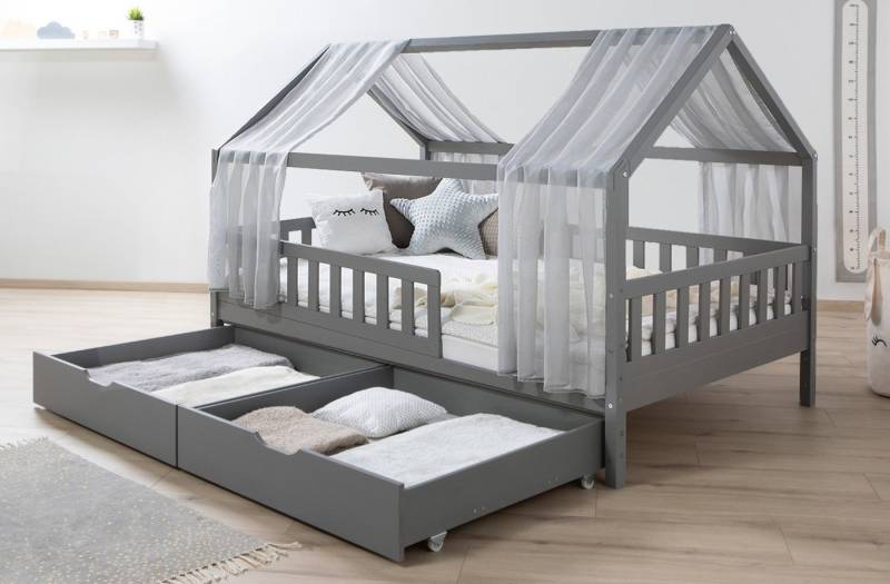 Ticaa Hausbett Kim mit Rausfallschutz und Schubkasten aus Kiefer, Kinderbett 100x200, inkl. Tüll-Set, mit Rollrost, mit Matratze von Ticaa