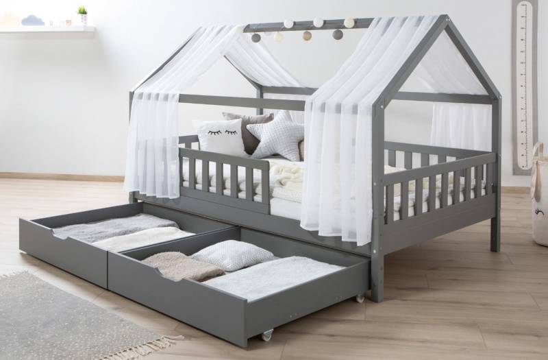 Ticaa Hausbett Kim mit Rausfallschutz und Schubkasten aus Kiefer, Kinderbett 100x200, inkl. Tüll-Set, mit Rollrost, mit Matratze von Ticaa