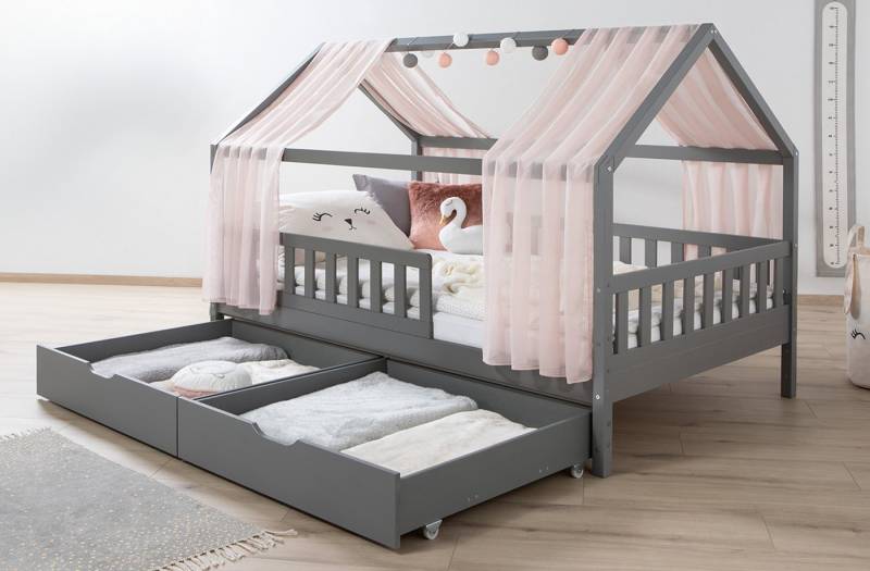 Ticaa Hausbett Kim mit Rausfallschutz und Schubkasten aus Kiefer, Kinderbett 120x200, inkl. Tüll-Set, mit Rollrost, mit Matratze von Ticaa