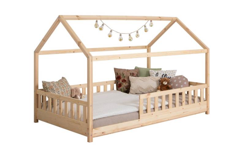 Ticaa Hausbett Kay mit Rausfallschutz aus Kiefer, Kinderbett 100x200, inkl. Dach, mit Rollrost, mit Matratze von Ticaa