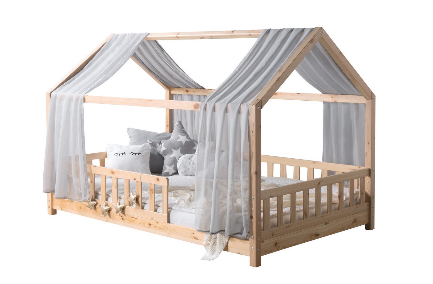 Ticaa Hausbett Kinderbett Bodenbett Hausbett Kim" Kiefer natur (Hausbett mit Tüll-Set), Hausbett inkl. Tüll-Set, Rollrost, Rausfallschutz, höhenverstellbar" von Ticaa