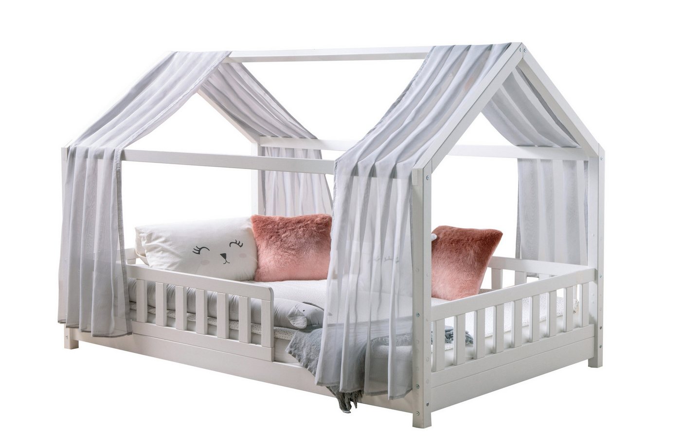 Ticaa Hausbett Kinderbett Bodenbett Hausbett Kim" Kiefer weiß (Set, Hausbett mit Tüll-Set), Hausbett inkl. Rausfallschutz, höhenverstellbar" von Ticaa