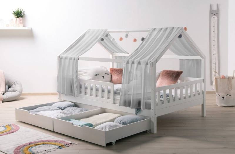 Ticaa Hausbett Kim mit Rausfallschutz und Schubkasten aus Kiefer, Kinderbett 140x200, inkl. Tüll-Set, mit Rollrost, mit Matratze von Ticaa