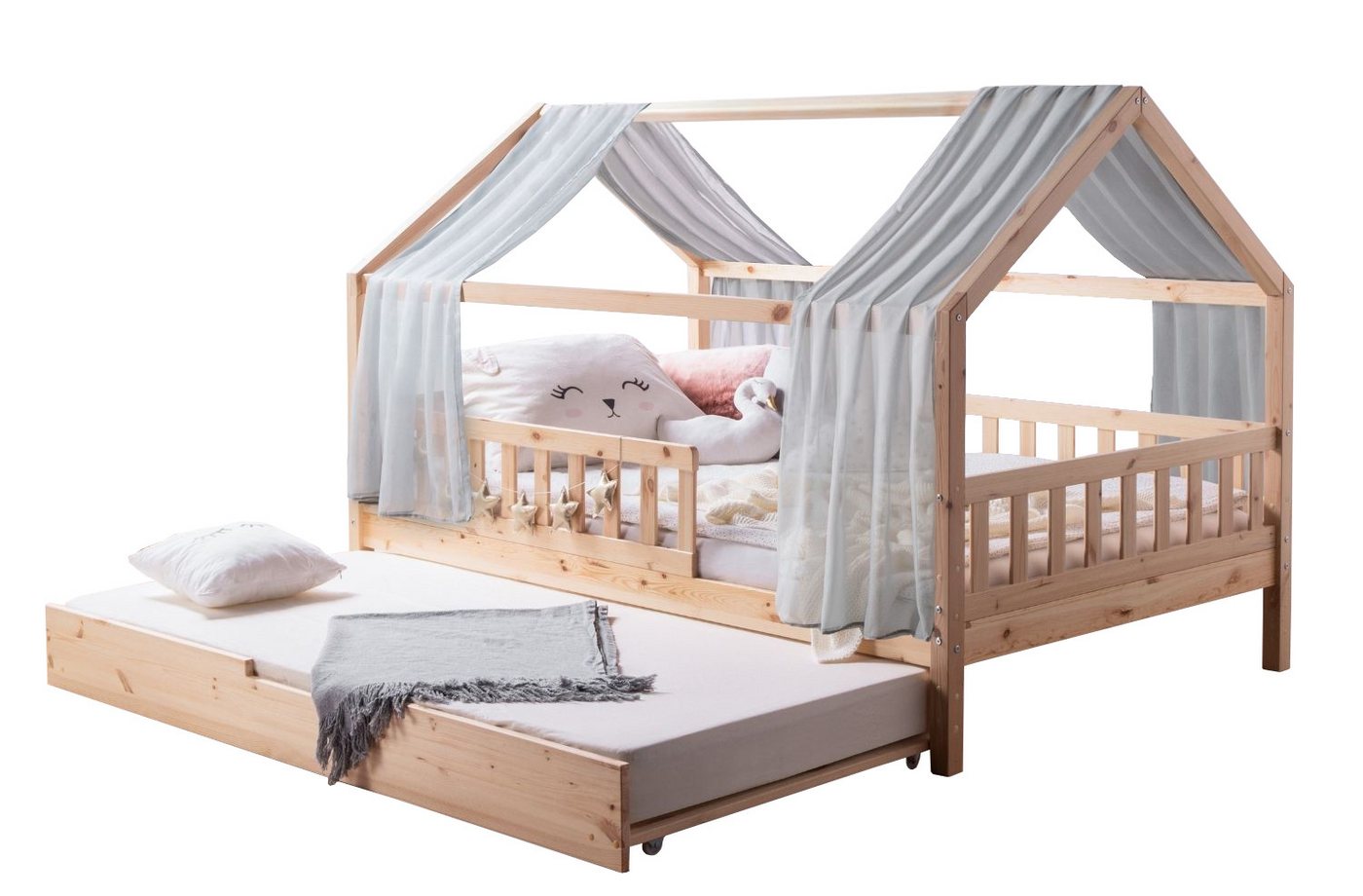 Ticaa Hausbett Kinderbett Hausbett Kim" inkl. Zusatzbett Kiefer (Set, Hausbett mit Tüll-Set und Zusatzbett), Hausbett inkl. Rausfallschutz, höhenverstellbar" von Ticaa