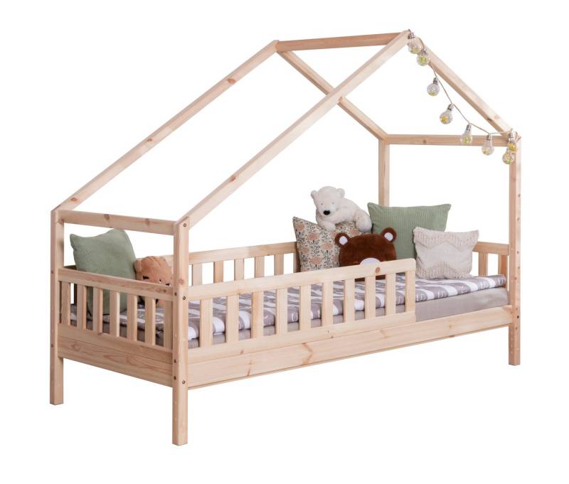 Ticaa Hausbett Lou mit Rausfallschutz aus Kiefer massiv, - Hausbett mit abnehmbaren Dachaufbau 
- Inkl. Rollrost von Ticaa