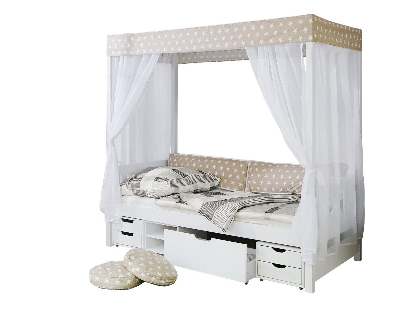 Ticaa Himmelbett Himmelbett Beige" 310 Kiefer Weiß (Beige/Weiß (Set, Himmelbett inkl. Tüll und optionalem Stauraum), Himmelbett mit Stoff-Set, Himmelbett abnehmbar" von Ticaa