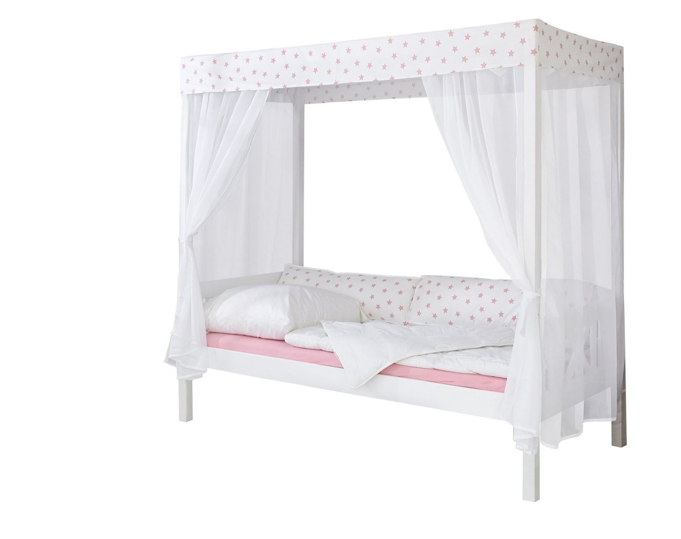 Ticaa Himmelbett Himmelbett Weiß-Rosa" 310 Kiefer Weiß (Weiß/Rosa (Set, Himmelbett inkl. Tüll-Set), Himmelbett mit optionalem Stauraum" von Ticaa