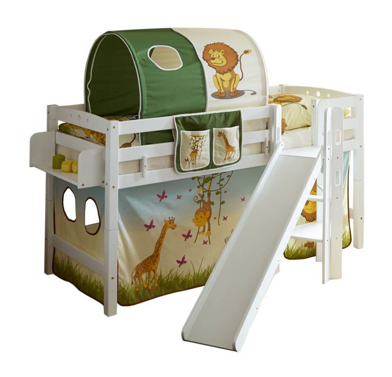 Ticaa Hochbett Hochbett mit Rutsche Podestbett "Tino" Buche Weiß von Ticaa