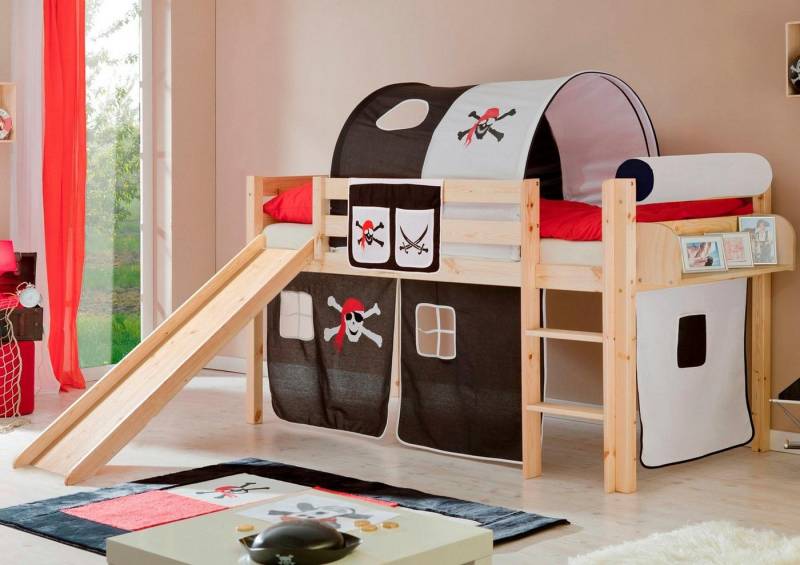 Ticaa Hochbett Manuel Rollrost und Textil-Set wahlweise mit Matratze, Kiefer massiv natur von Ticaa